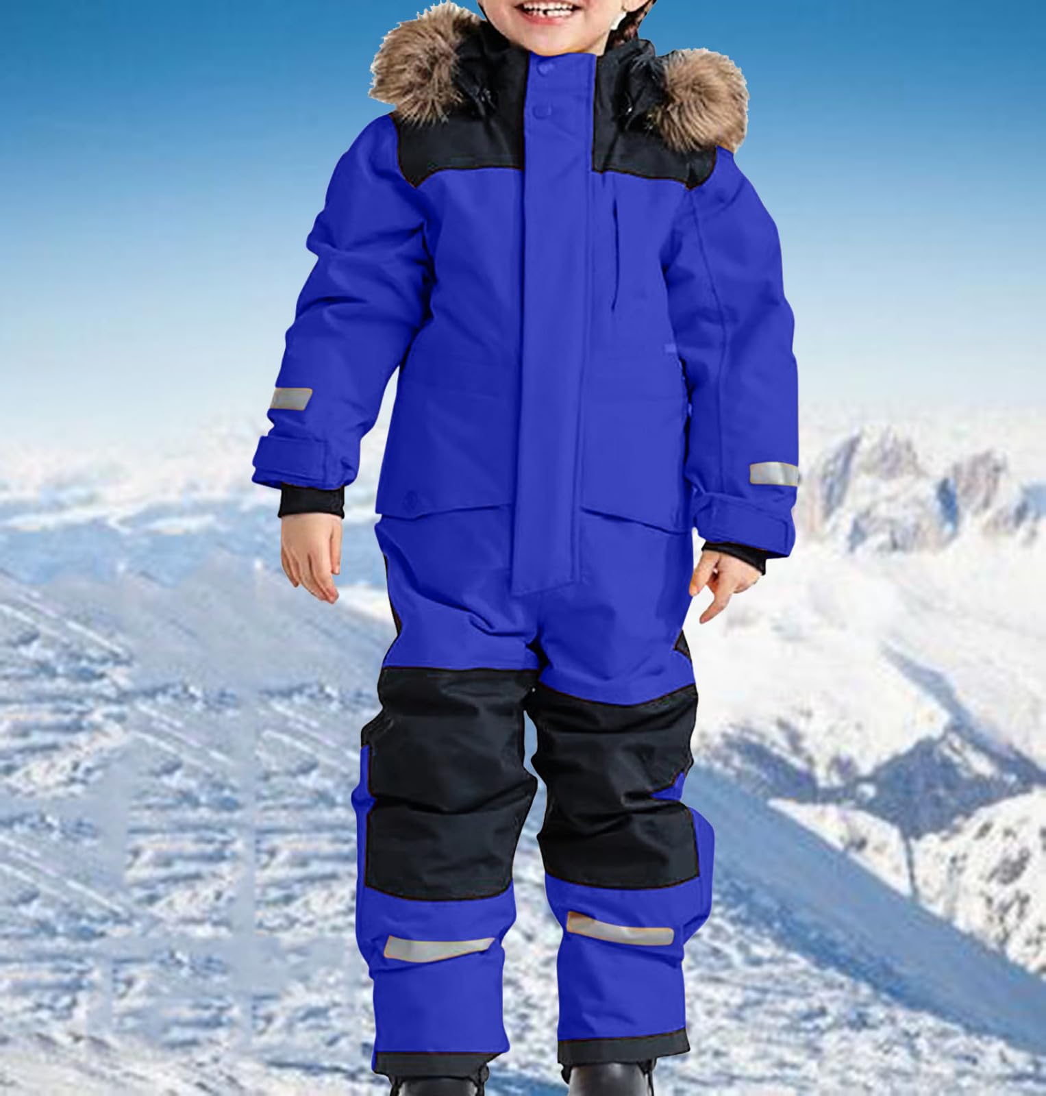 Ybing Traje de nieve de una pieza para niños, cálido, mono de esquí, unisex, impermeable, resistente al viento, mono de nieve, para exteriores, cuello de piel, capucha, chaqueta de esquí, pantalones