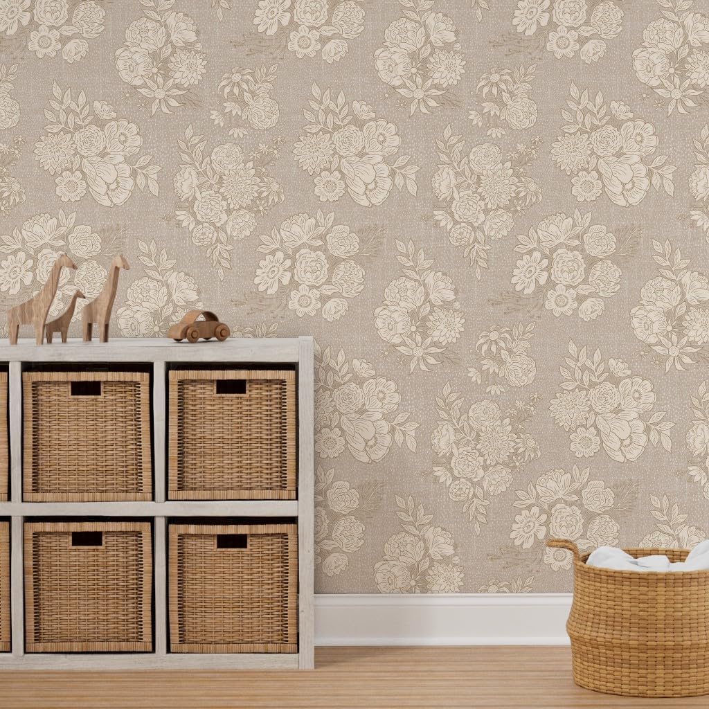 Peel & Stick Wallpaper 3ft x 2ft - Vintage Peony Country Floral Botanical Neutral Rustic Boho Tan Taupe Custom Removable Wallpaper by Spoonflower