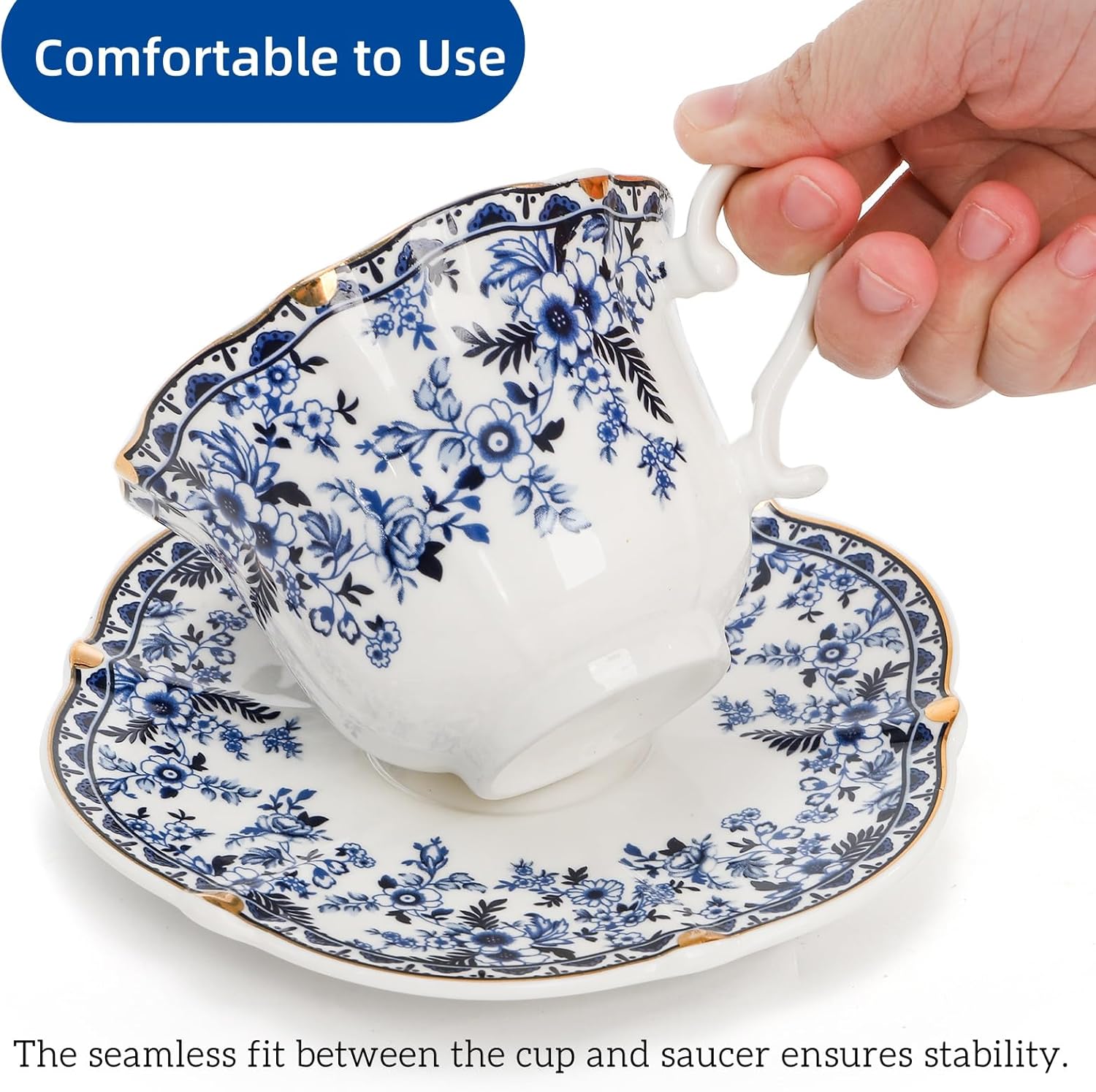 Porcelain Tea Cups and Saucers Set of 2, 6 Oz Vintage Country Roses Bone China Tea Cup with Gold Trim, Spoon, 6 Pieces Coffee Cappuccino Mugs for Women, Tea Parties, Wedding Gifts - Image 4