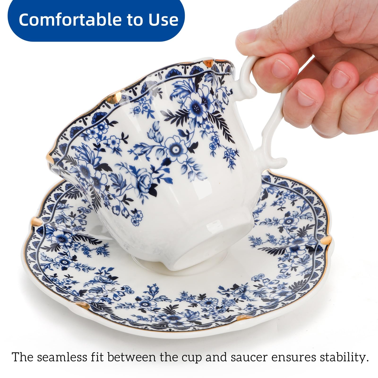 Set di 2 tazze da tè e piattini in porcellana, 170 ml, stile vintage, con rose rustiche, con finiture dorate, cucchiaio, 6 tazze da caffè e cappuccino per donne, tea party, regali di nozze