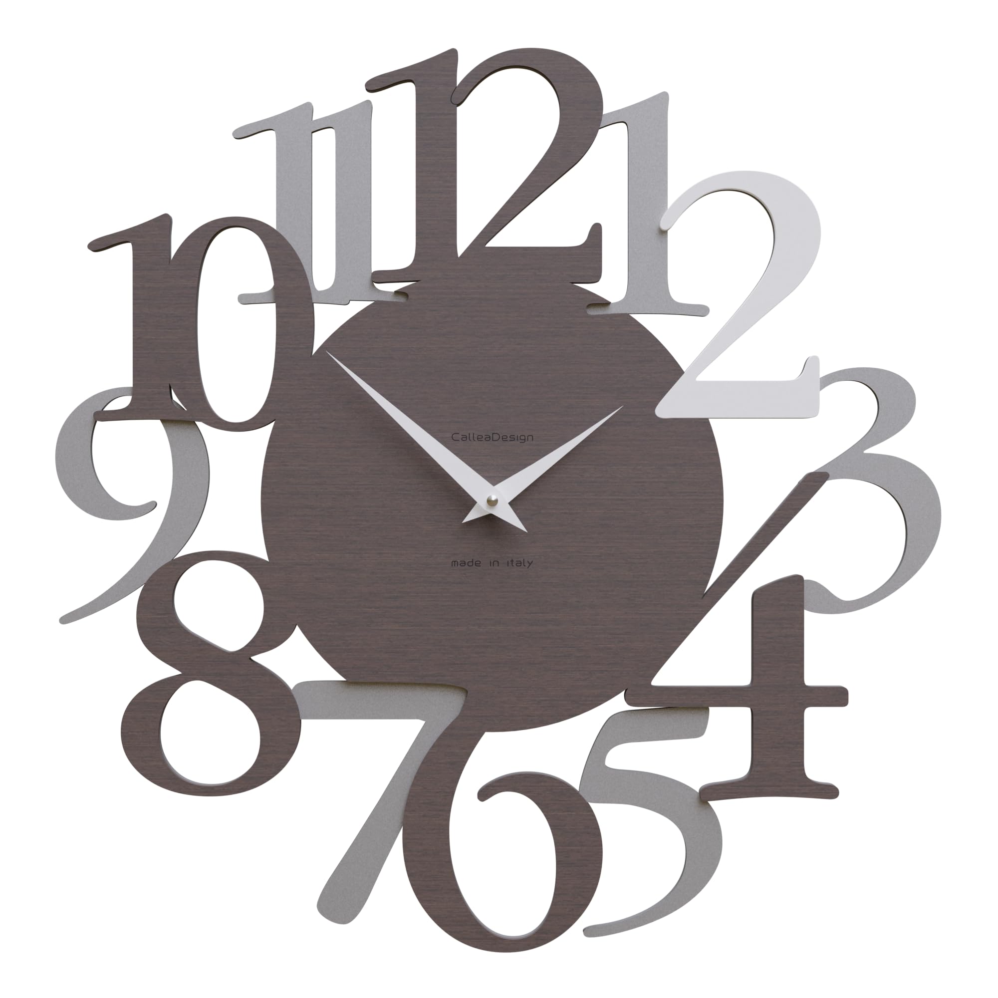 CalleaDesign Moderne Wanduhr Russell - Italienisches, große Ziffern, Dekoration für Heim und Büro, geräuschlos, Made in Italy [Aluminium, Weiß, Eiche Wenge].