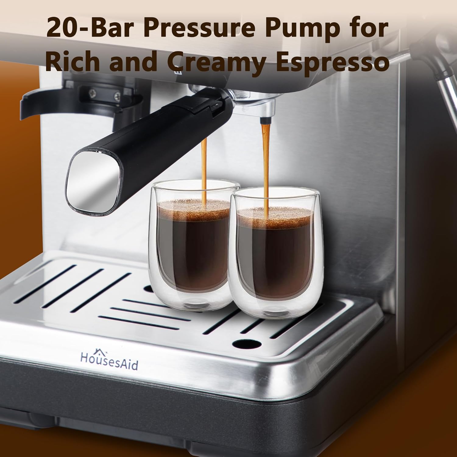 20 Bar Espresso & Coffee Maker with Built-in Grinder (12 Levels) - 1050W Stainless Steel Espresso Machine with Milk Frother, 1.6L Tank & Push-Button Control