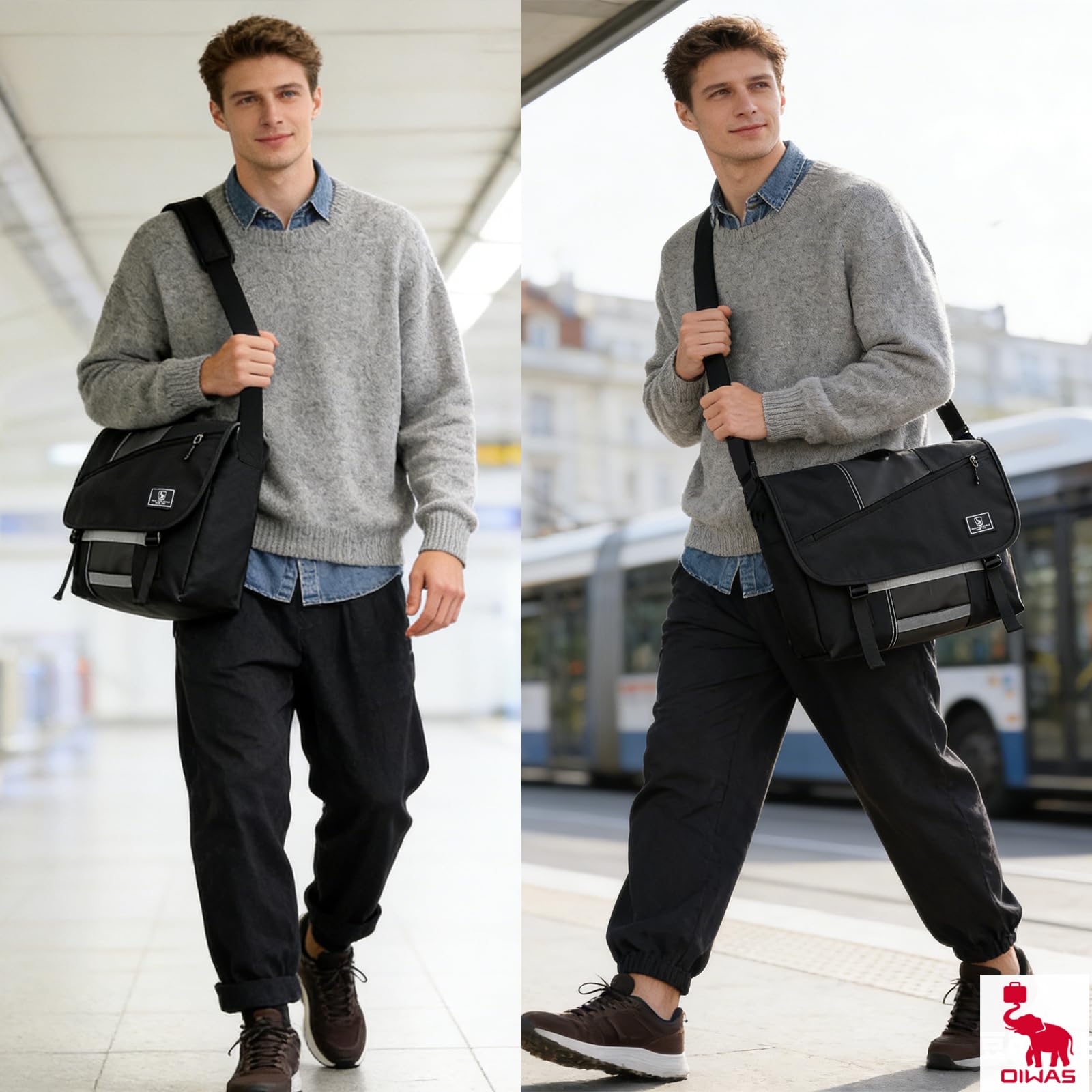 OIWAS Sac messager de 15,6" pour homme - Sac à bandoulière pour ordinateur portable - Sac à bandoulière pour homme - Grand sac pour le travail, les voyages, l'université - Noir