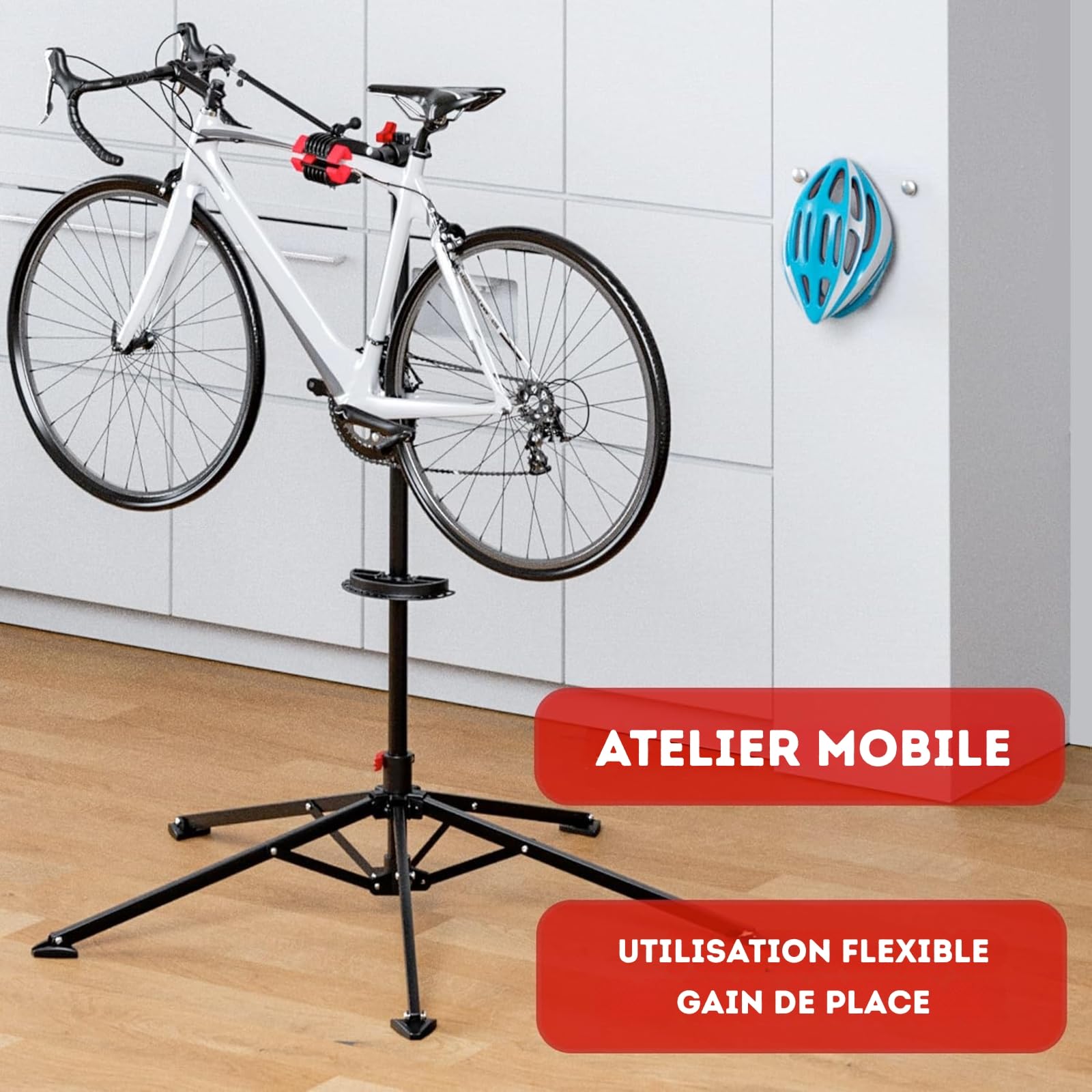 KARAT - Pied de Montage vélo jusqu'à 30 kg - Support de réparation Professionnel avec Plateau à Outils, Pivotant, Pliable, Hauteur réglable - 128 L x 128 l x 113,5-193 H cm, Noir-Rouge (Lois)