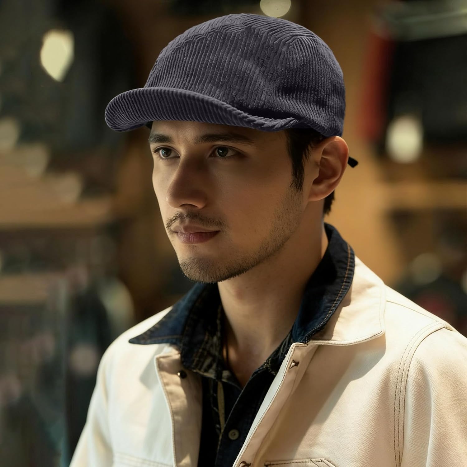 Corduroy Baseball Cap, Unstructured Trucker Hat- 2.3" Short Brim, Adjustable Fit & Foldable for Easy Storage Blue - Gray - Image 2