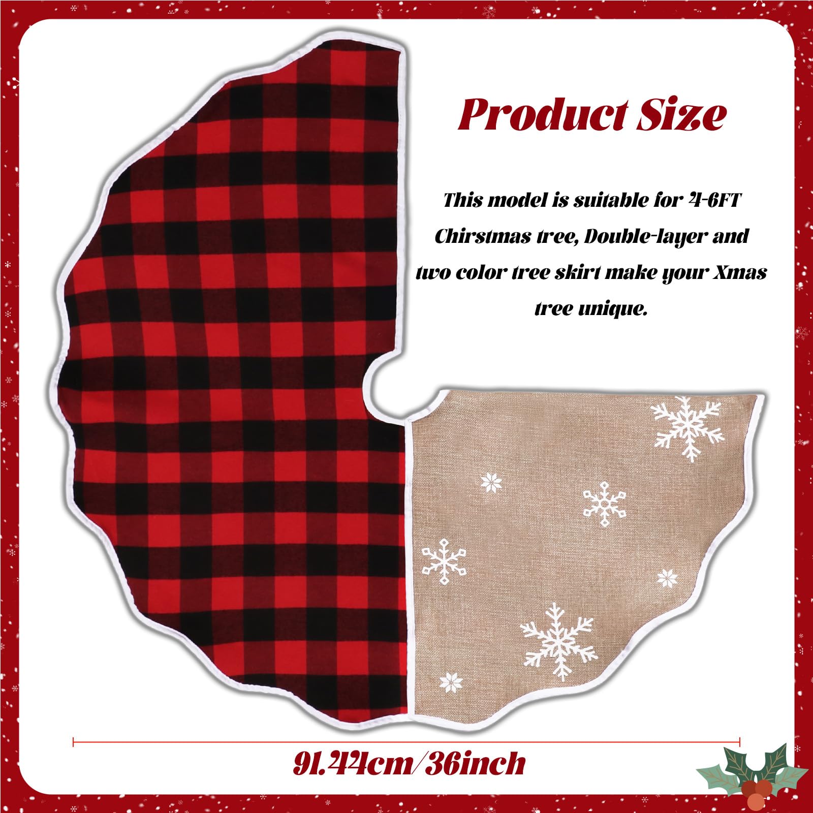 OurWarm Christmas Tree Skirt 36 Inch, Buffalo Plaid Red Tree Skirt for 6ft Tree & 4ft Tree, Double Sided Burlap Tree Skirt Snowflake Xmas Tree Skirts for Pencil Tree Boho Rustic Farmhouse Decor