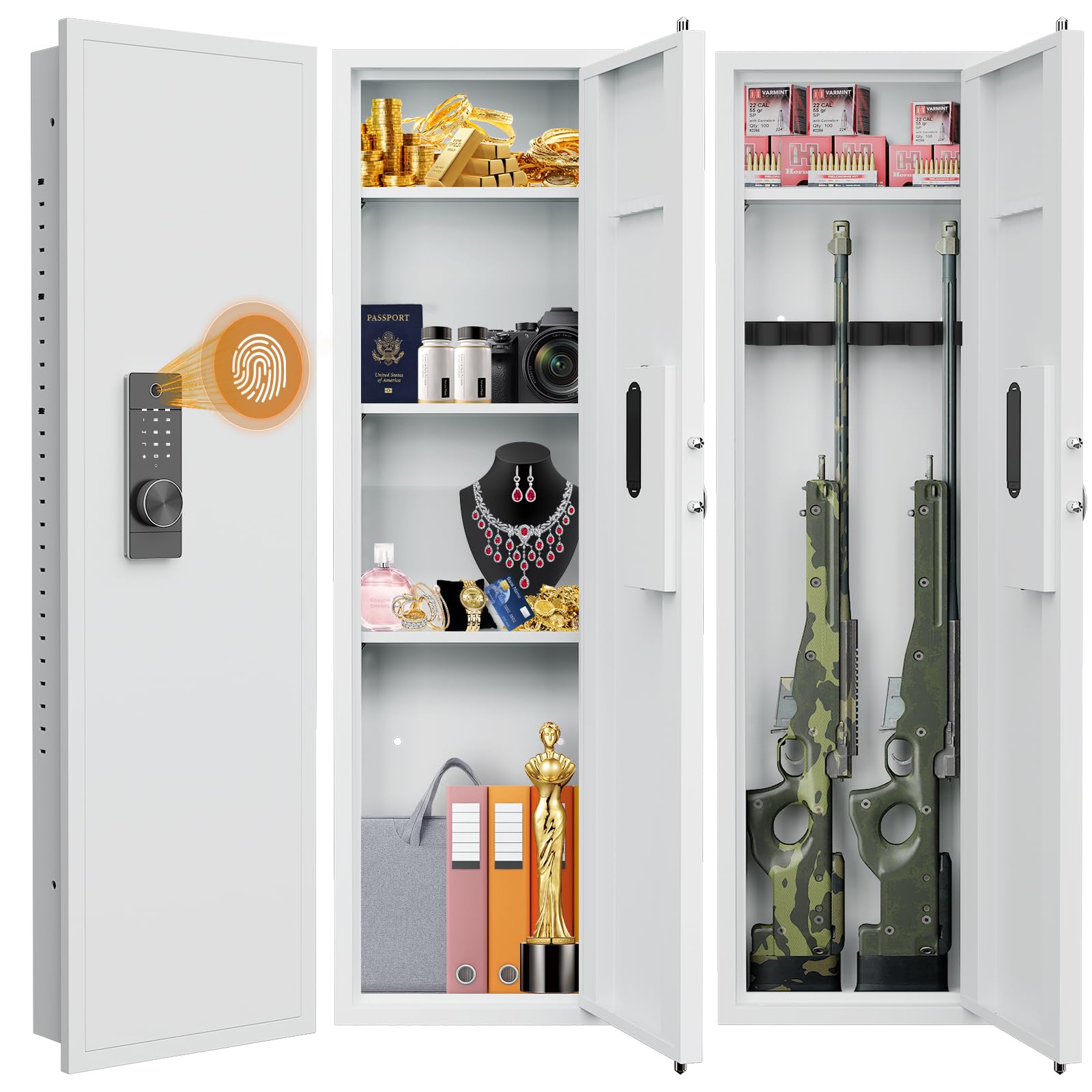53.15" Wall Safe Between the Studs, Biometric Fingerprint Hidden Safe with Dual Alarm System and Silent Mode, Wall Gun Safe with 3 Adjustable Shelves and Magnetic Slot (White-Fingerprint)