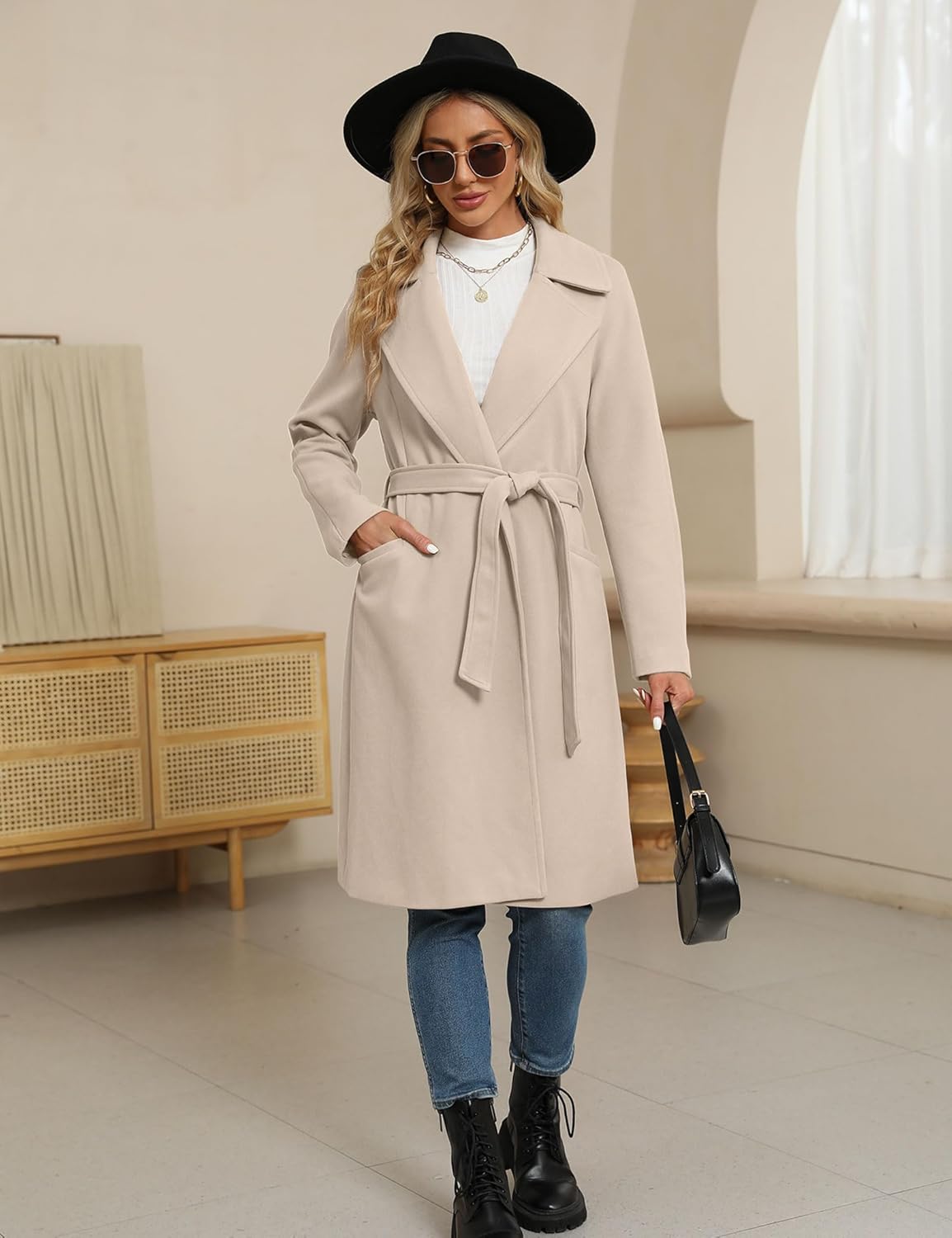 BZB Women's Trench Coat Long Wool Blend Pea Coat Winter Casual Overcoat Notched Lapel Collar Belted Long Jacket Outerwear - Image 6