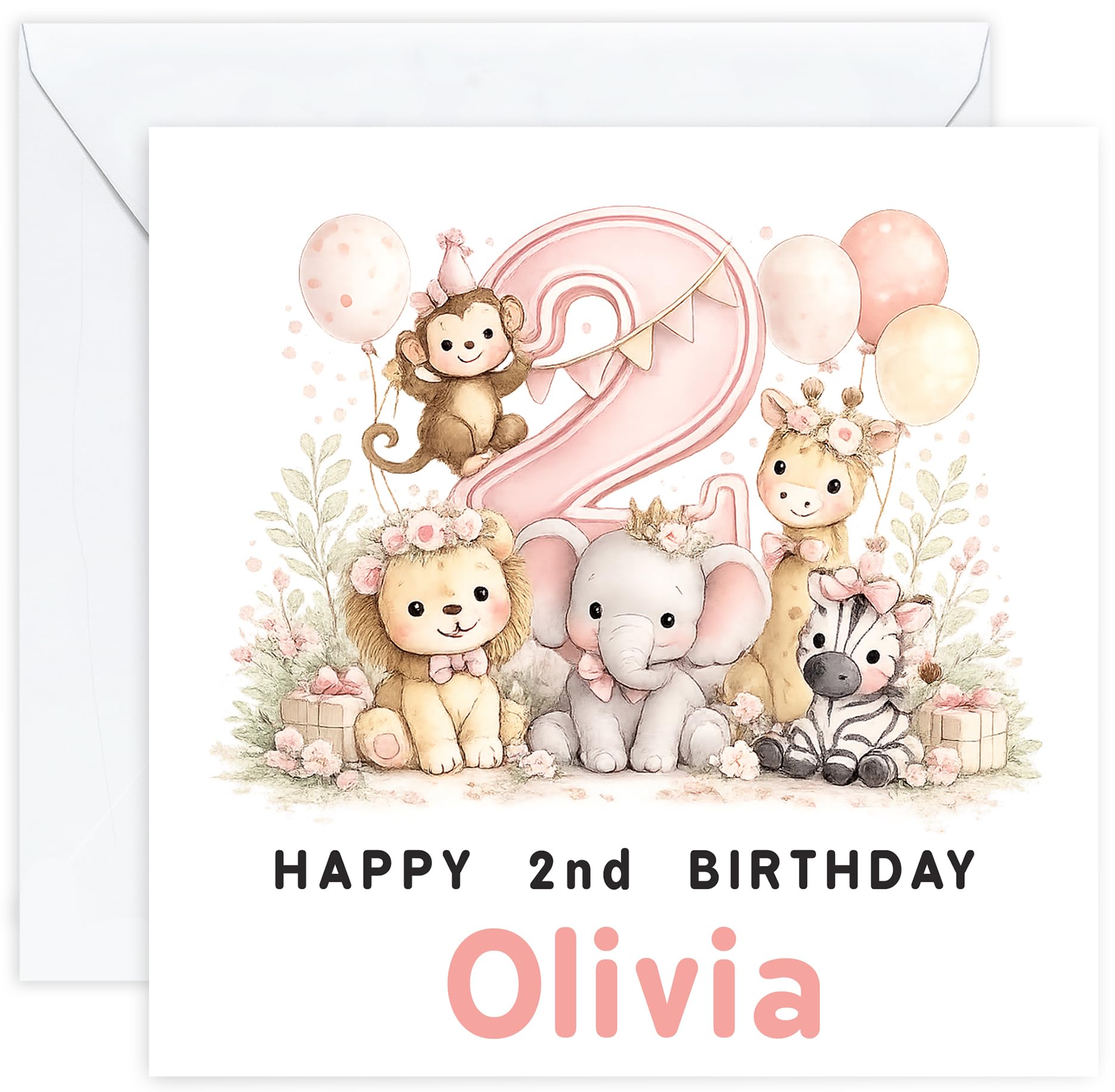 Personalised 2nd Birthday Card for Girl | Two Year Old Girls Birthday Card with Name | For Her, Daughter, Granddaughter, Niece or Goddaughter