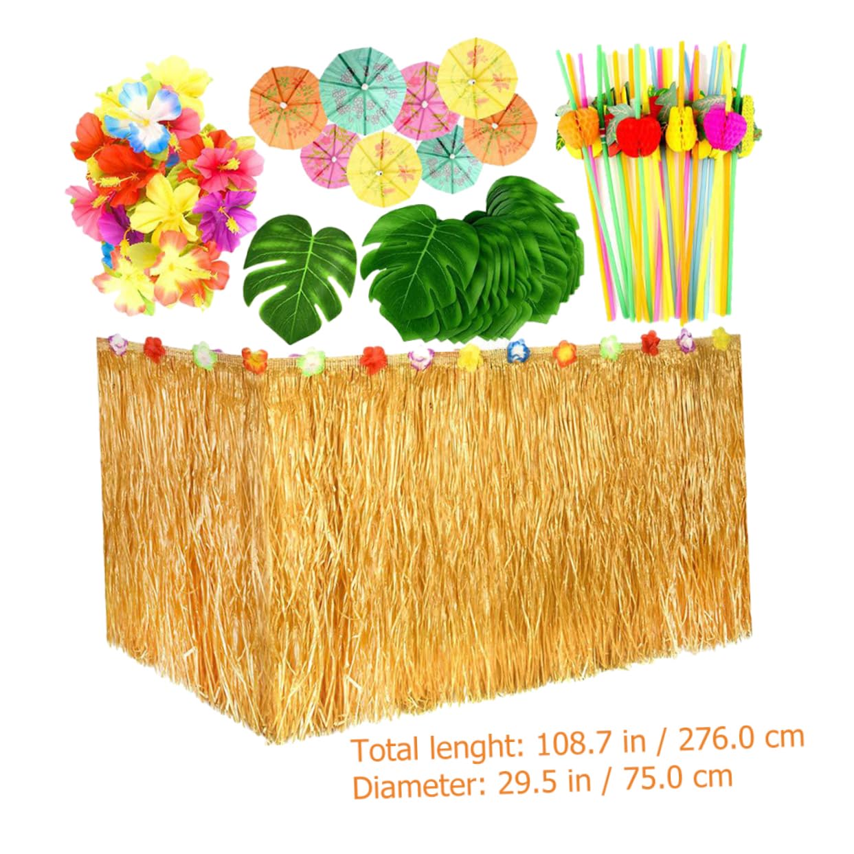 Alipis 1Set Party Table Skirt Straw Table Skirt Pineapples Flamingos Leaves Hibiscus Flowers Umbrellas Straws for Decorations