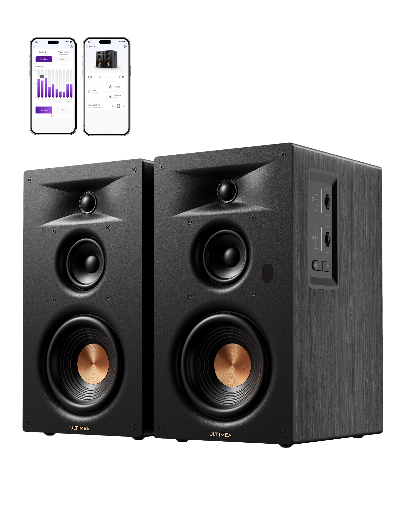 ULTIMEA Aktive 3-Wege-Regallautsprecher, 70W RMS Aktivlautsprecher mit 5,25" Tieftöner, App, Bluetooth 6.0, HDMI ARC, mit Subwoofer-Ausgang für Heimkino, TV, PC & Plattenspieler, Studio Monitor, BS-3