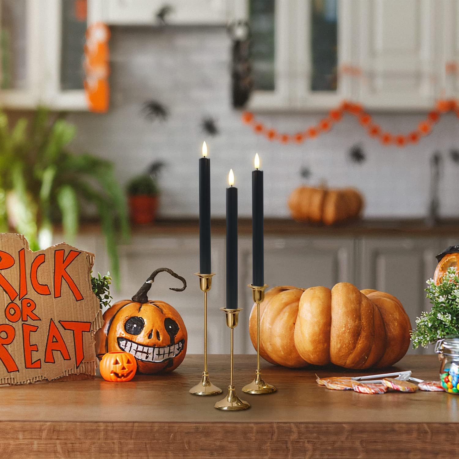 Stmarry Black Flameless Taper Candles with Remote - 10 Inch LED Candlesticks Flickering, Realistic 3D Flame with Wick, Warm White Light, Home Halloween Decor, Automatic Timer - Set of 6