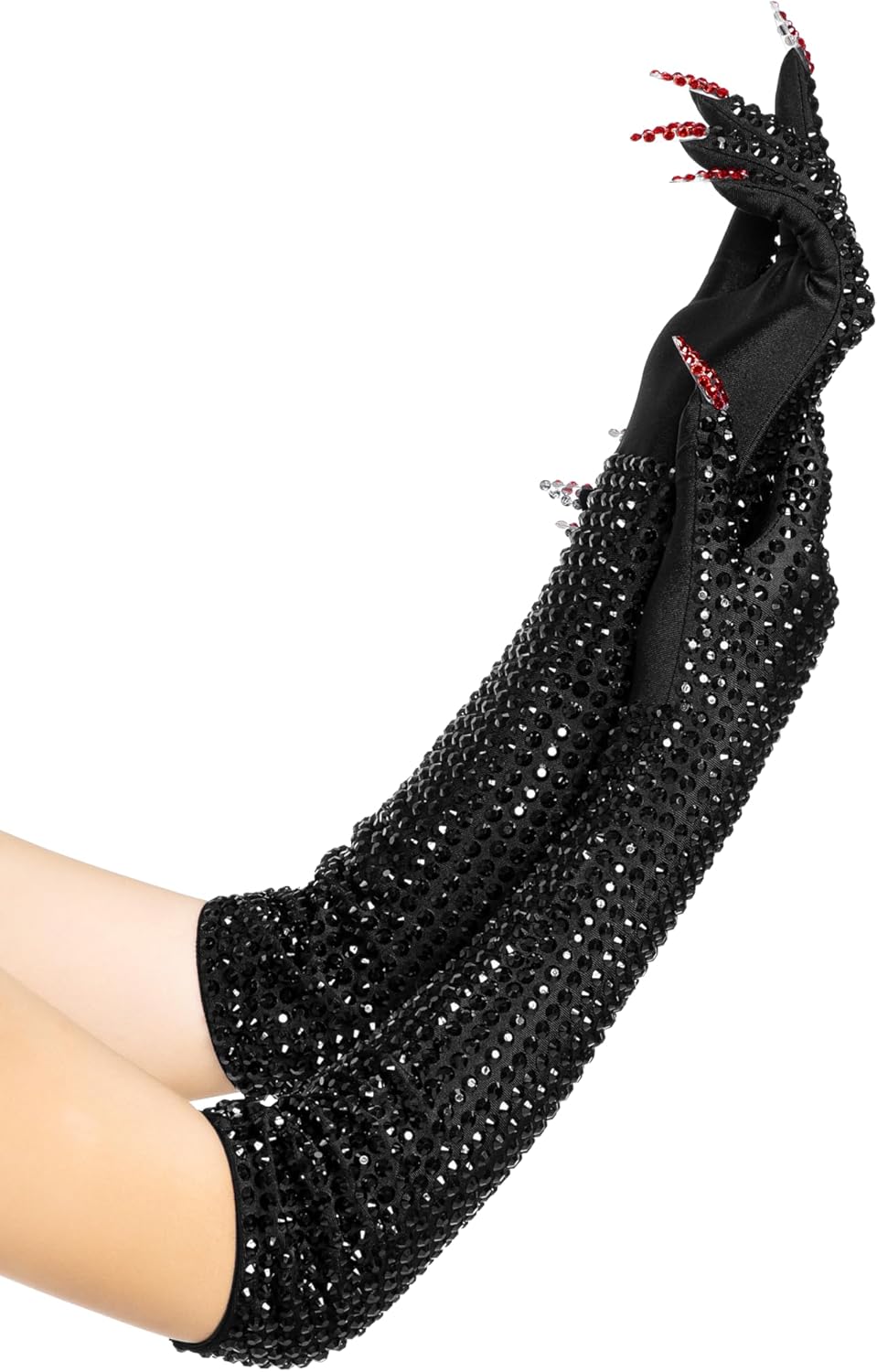 Long Black Sparkly Gloves with Rhinestone Embellishments Red Tips Nails Costume Accessory