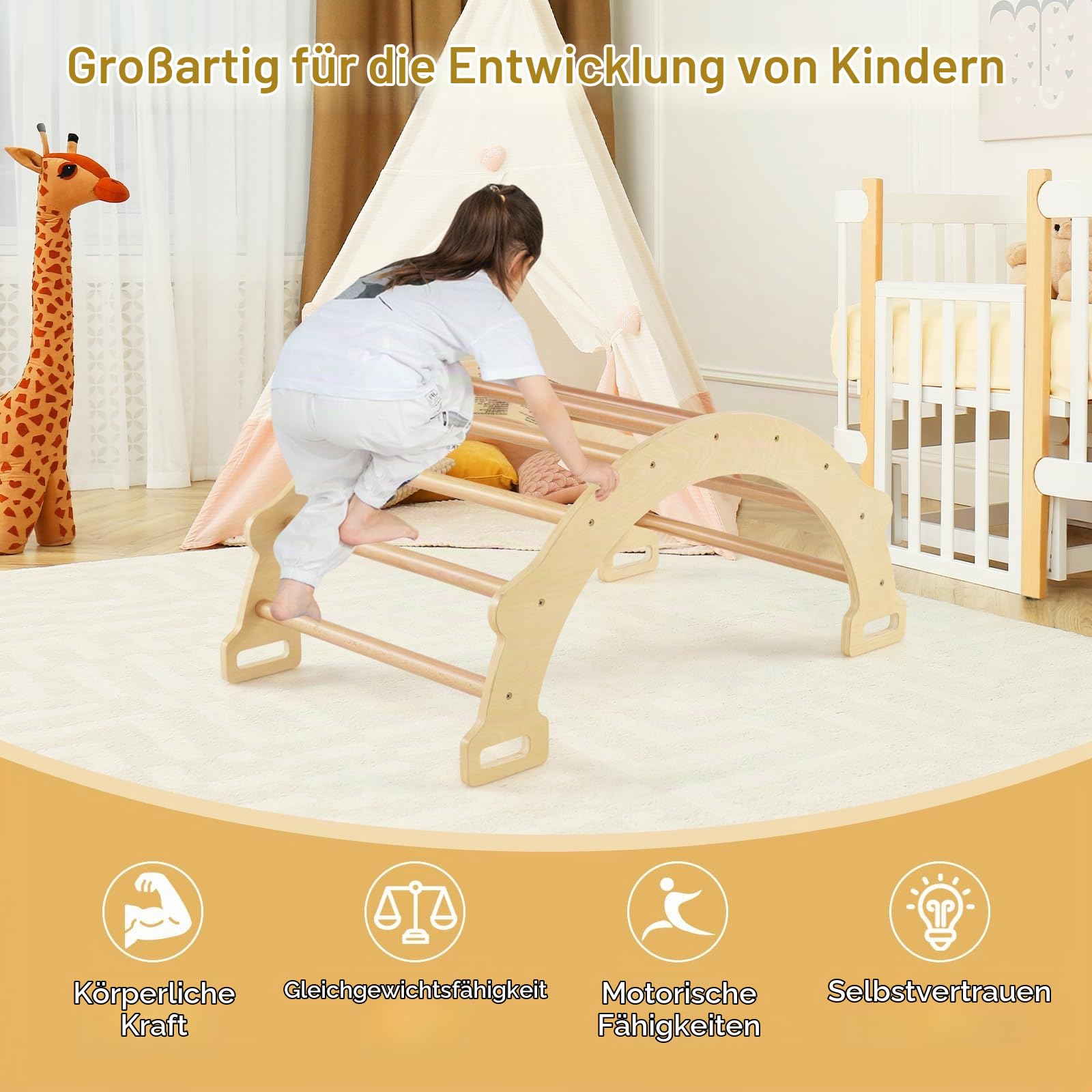HOMASIS Kletterbogen mit Kissen, Holz Klettergerüst Indoor, Montessori Holzwippe Bogenwippe zum Wippen & Klettern, Picklerdreick Baby, Kletterdreieck Klettergeräte für Kinder ab 3 Jahre (Natur)