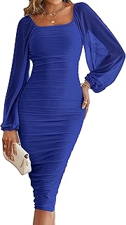 Women's Long Sleeve Wedding Guest Formal Dress Fall Winter Ruched Bodycon Mesh Cocktail Party Midi Dresses