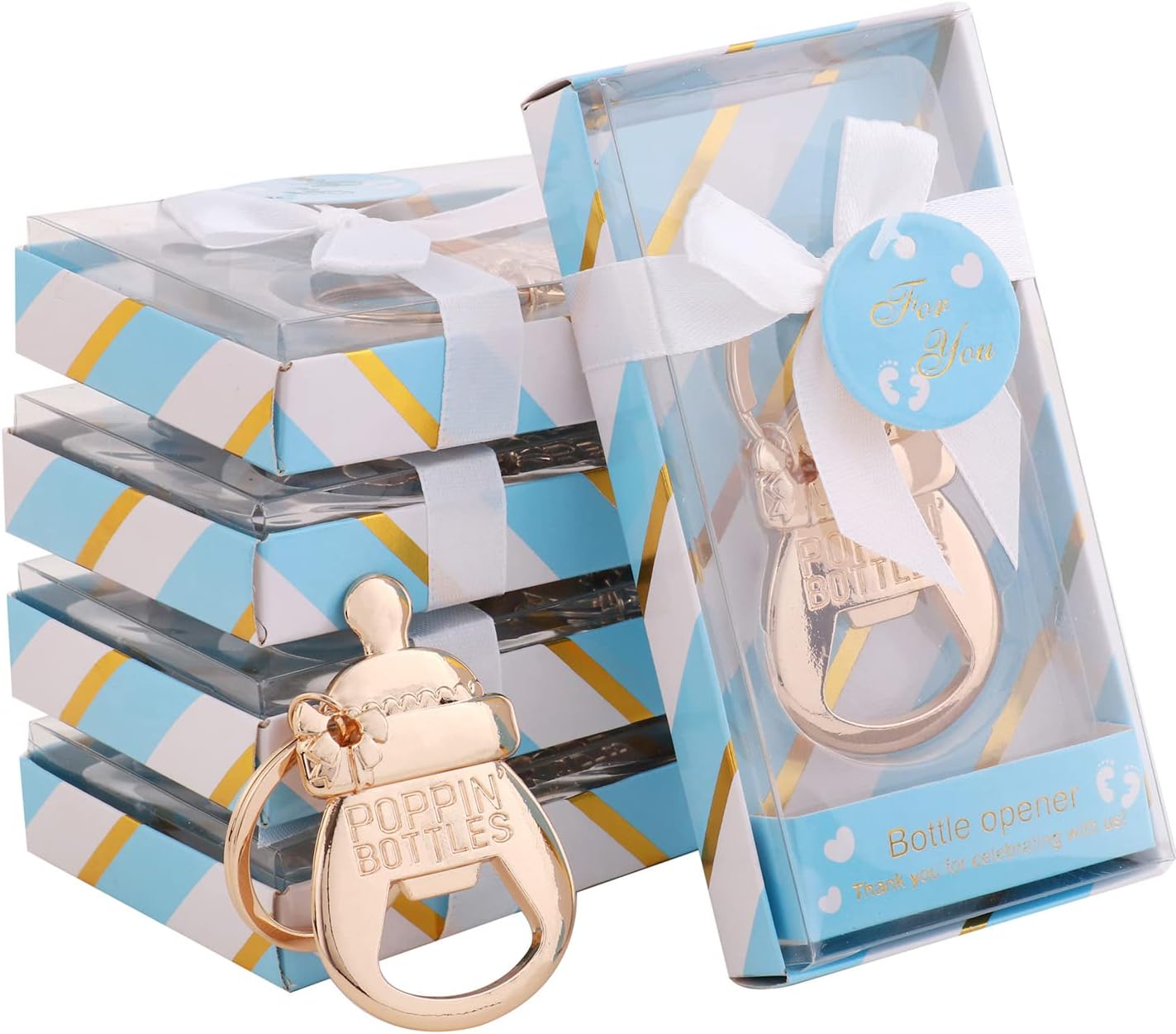 24 Pack POPPIN BOTTLES Key Chain Bottle Opener Boy Baby Shower Favors for Guests,Boy Baby Shower Souvenirs Bottle Opener,Boy Blue Baby Shower Decoration Supplies (Blue, 24)