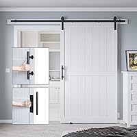 Vista 6 de Puerta corrediza de granero MDF de 48 x 80 pulgadas con kit de herrajes para puerta de granero de 8 pies y asa, agujeros preperforados, fácil