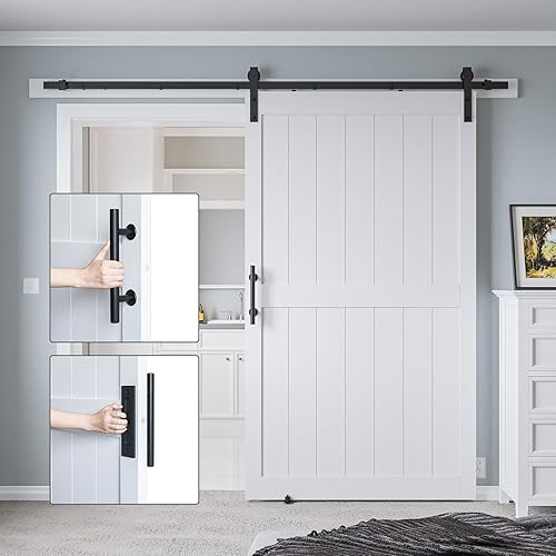 Miniatura 6 de Puerta corrediza de granero MDF de 48 x 80 pulgadas con kit de herrajes para puerta de granero de 8 pies y asa, agujeros preperforados, fácil