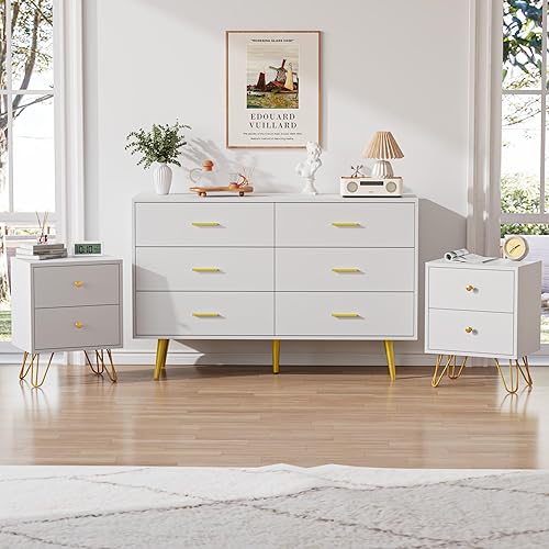 CARPETNAL White Dresser and Nightstand 3 Piece Set for Bedroom, 1 X White and Gold 6 Drawer Dresser, Nightstand Set of 2 with Gold Handle for Bedroom