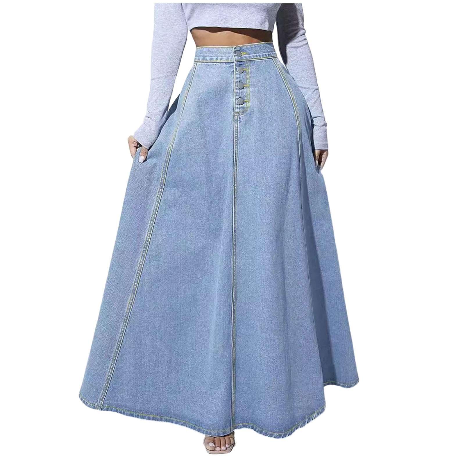 Jeansrock Damen - Lang Maxirock A-Linie Denim Rock High Waist mit Knopfleiste Elegant Ausgestellter Langer Jeansrock mit Taschen für Sommer Herbst Vintage Style Bodenlang Baumwolle