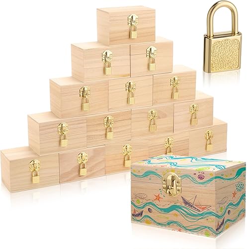 Miniatura 9 de Juego de 12 cajas de madera sin terminar con tapas con bisagras de 4.7 x 3.2 x 3.2 pulgadas y mini candados con llaves, caja de madera sin terminar