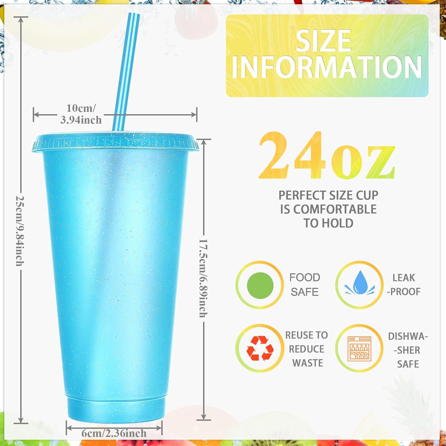 Honeydak 60 Pack Tumbler with Straw and Lid Bulk Cups for Gifts Glitter Plastic Coffee Cups 24-27 oz Reusable Water Bottle Iced Coffee Travel Mug Party Favors for Birthdays Travel (Assorted Color) - Image 4