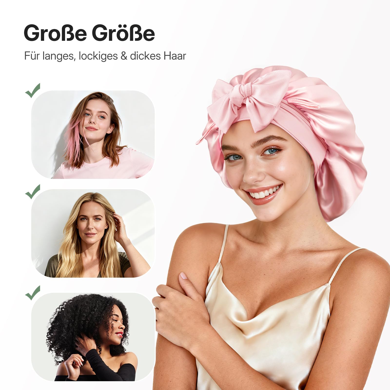LitBear 22 Momme Seidenhaube zum Schlafen - große doppellagige 100% Silk Bonnet mit verstellbares breites Band, atmungsaktive und Haarschutz mit Seiden-Scrunchie