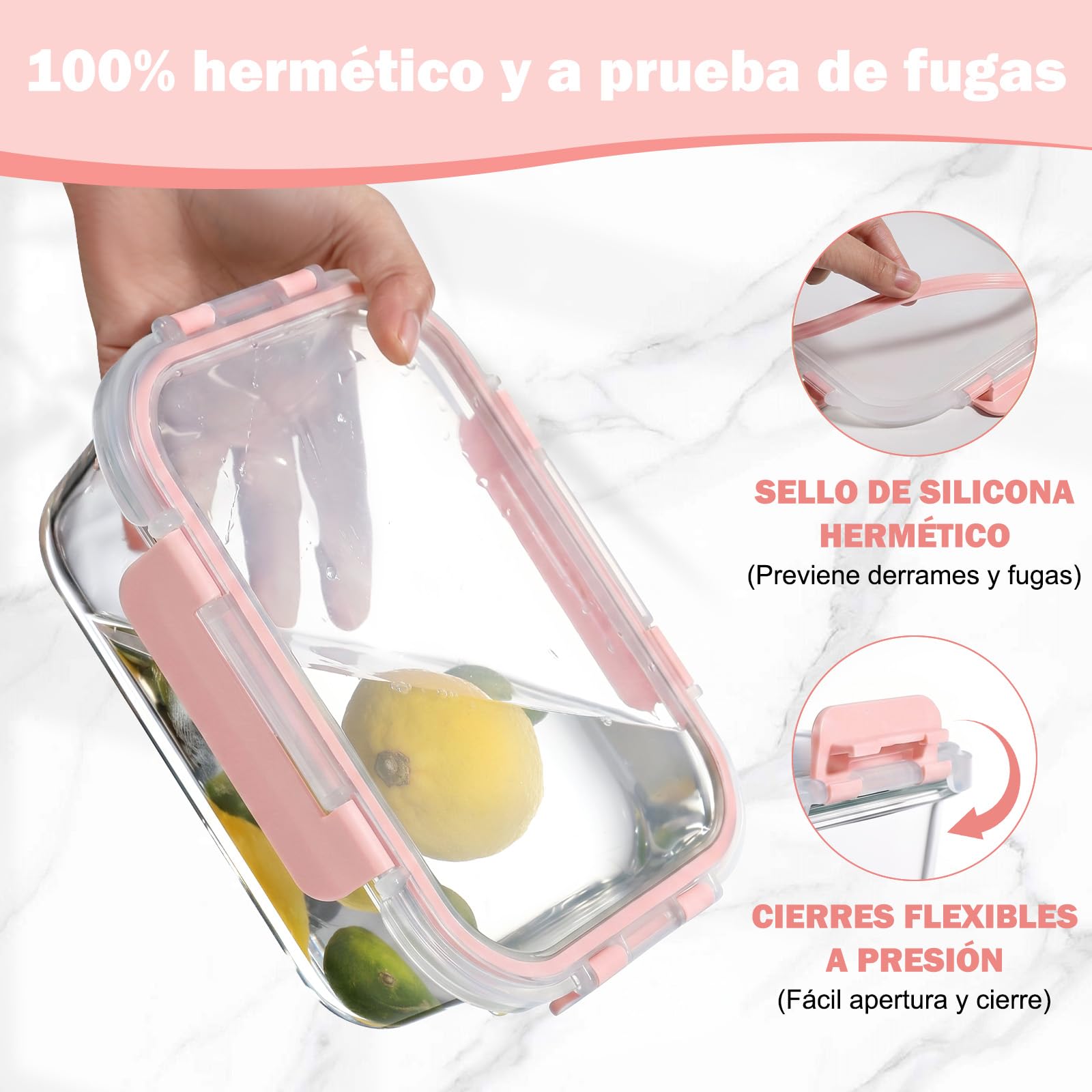 YASHE 10 Piezas Recipientes de Vidrio con Tapas Herméticas, Reutilizables, Apto para Microondas, Horno, Congelador y Lavavajillas, Sin BPA, Fiambrera Cristal, Rosa