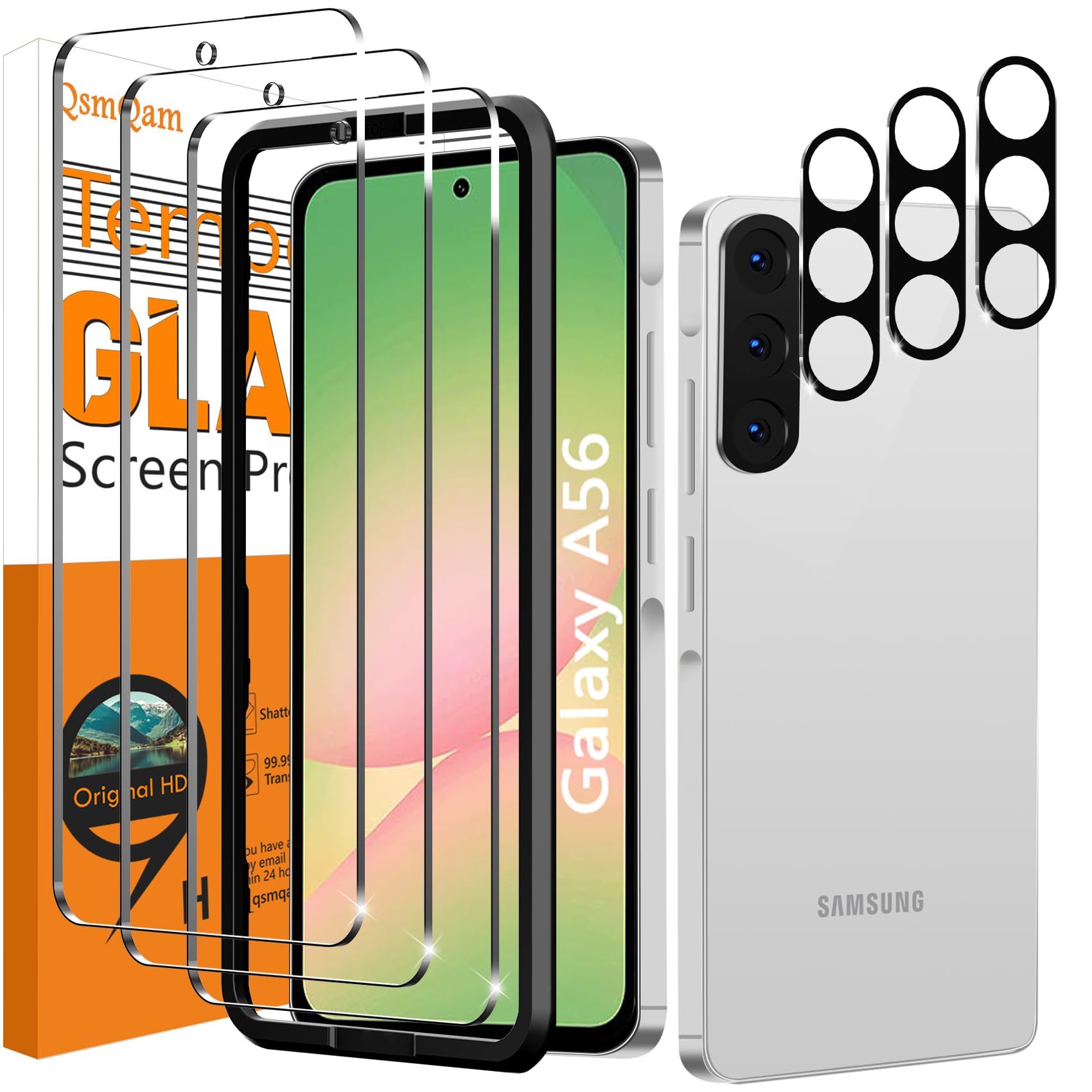 QsmQam 3 Pezzi Vetro Temperato per Samsung Galaxy A56 5G e 3 Pezzi Pellicola Fotocamera, Pellicola Prottetiva Anti Graffio, Durezza 9H, Vetro Protettivo per Samsung Galaxy A56 5G