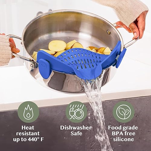 Miniatura 5 de Kitchen Gizmo Snap N' Strain - Colador de silicona con clip para ollas, sartenes y cuencos, accesorios de cocina resistentes al calor, escurridor
