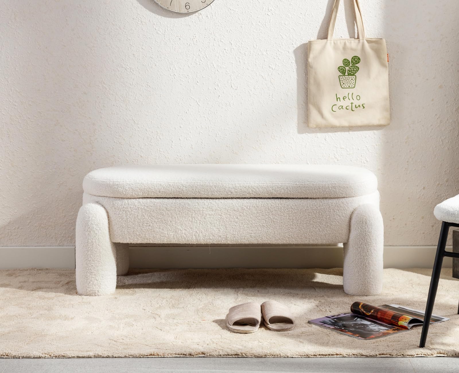 chairus Cassapanca Pouf Panca da Ingresso in Pelliccia Panchina Contenitore Panche Moderne con Gambe in Legno Panca Imbottita per Soggiorno/Camera da Letto, Bianco