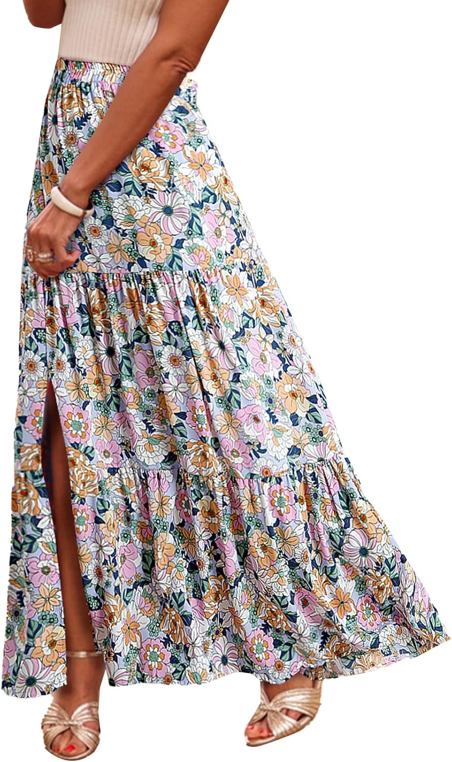 Happy Sailed Summer Skirts for Women Floral Print High Waist Flowy Split A Line Boho Maxi Skirt with Pockets