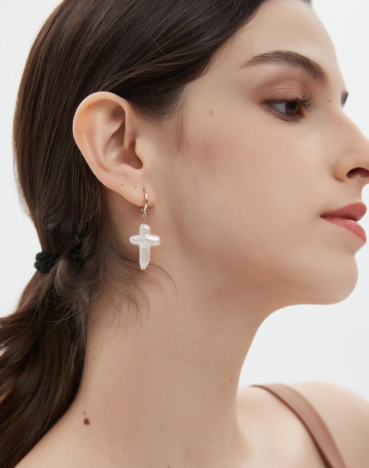 Nature Pearl Cross Earrings Freshwater Cross Pearl earrings Baroque Pearl Dangle Earrings Chunky Cross Earrings Statement Earrings Religious Jewelry