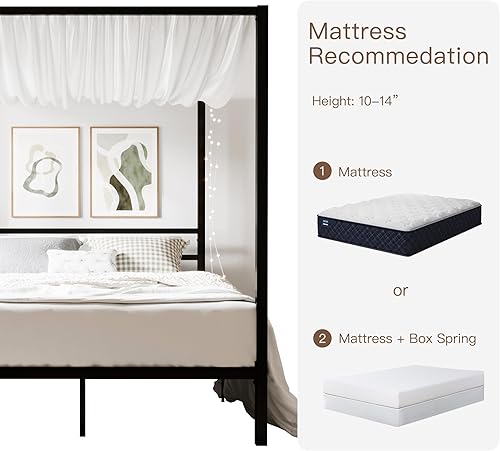 Miniatura 6 de ikalido Marco de cama con dosel de metal de tamaño matrimonial, marco de cama moderno con plataforma de cuatro posters, base de colchón con soporte