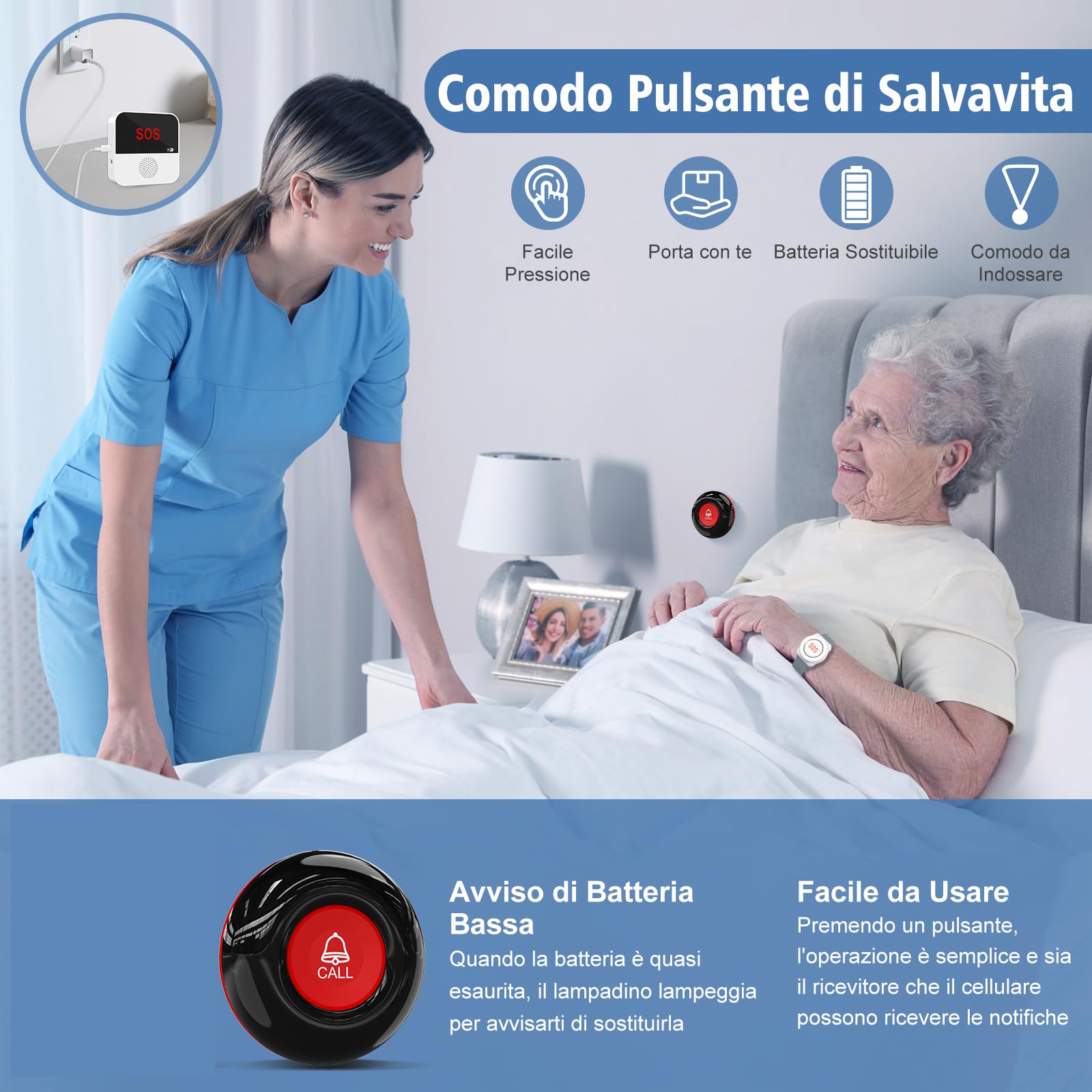 Tuya WiFi Smart SOS Emergency Alarm Beeper Botón de llamada de Emergencia para Personas Mayores Conexión Remota de Teléfono Móvil 1 Botón de Pánico SOS 1 Receptor (sólo admite Wi-Fi de 2,4 GHz)