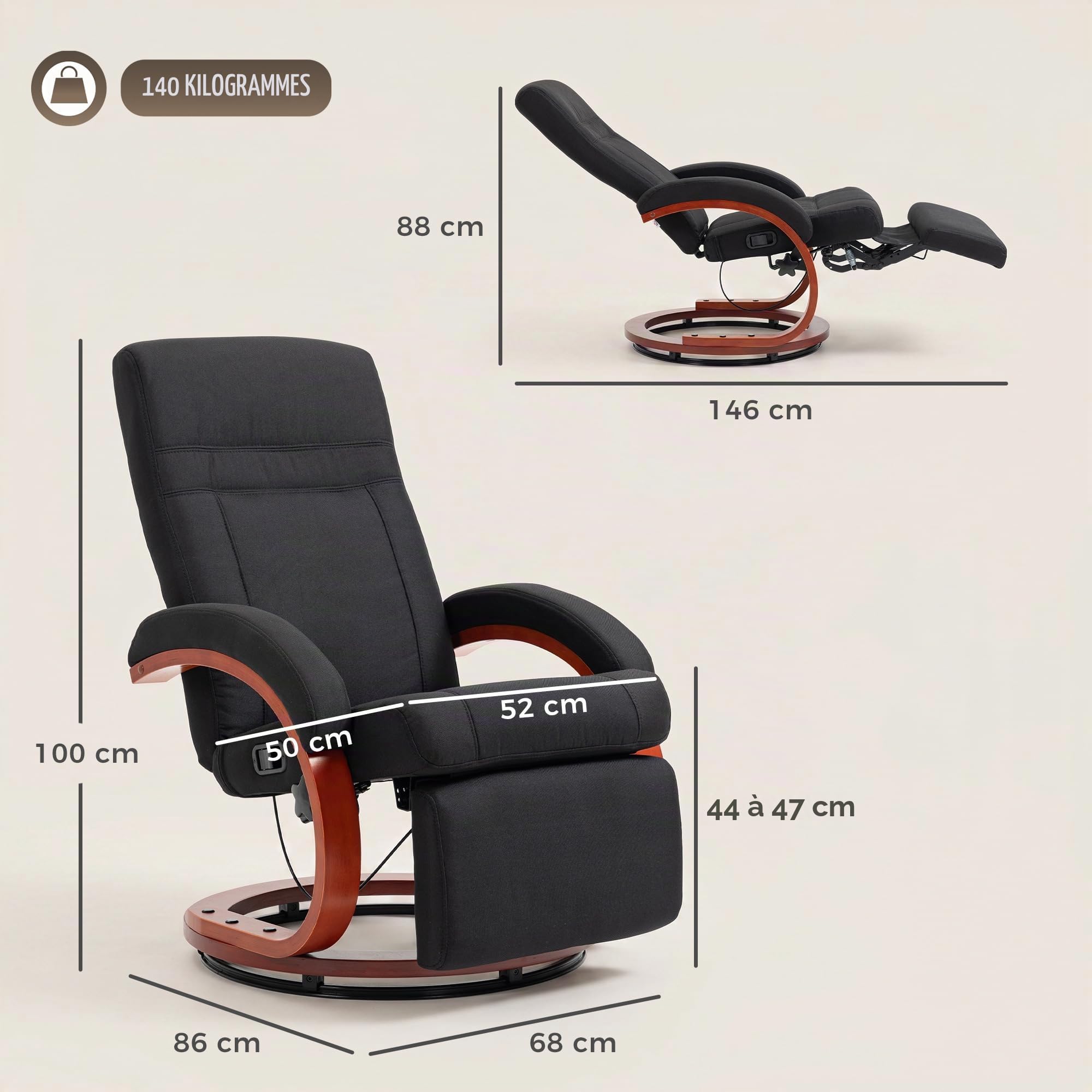 HOMCOM Fauteuil Relax avec Dossier Haut, Noir