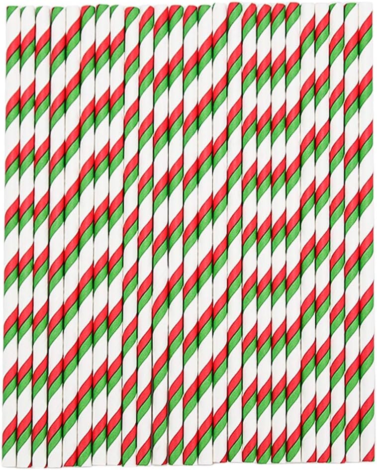 50PCS Christmas Paper Straw Drinking Cocktail Straws Biodegradable Red Green Striped Party Straws for Christmas Birthday - Image 3
