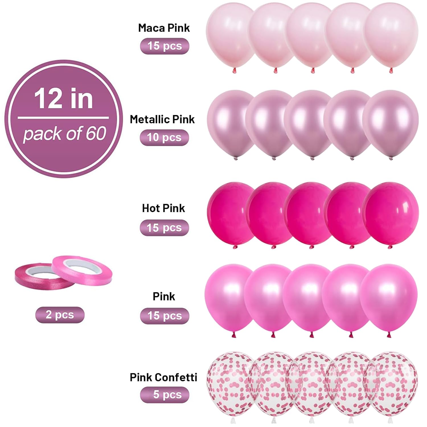 60 szt. różowych balonów dekoracyjnych, 30 cm, różowe balony lateksowe, metaliczny design, urocze balony z konfetti, zestaw dla kobiet, dziewcząt, na przyjęcie urodzinowe, walentynki, rocznicę ślubu