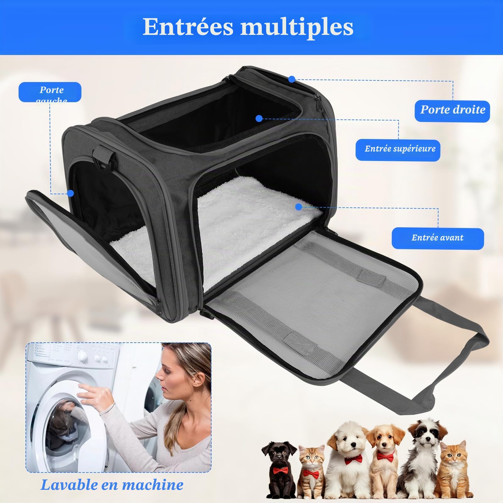 45x30x30 cm Sac de Transport pour Chat d'Extérieur Pliable et Respirant, Caisse de Transport Chat avec Matelas Souple, Sac Chat Transport pour Chat et Chien Voyage en Train/Voiture(Noir)