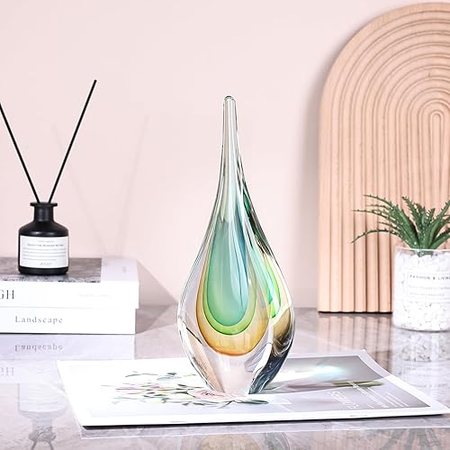 Miniatura 6 de Escultura de vidrio soplado a mano, decoración de estilo Murano, figuras de colección de arte de vidrio verde y amarillo, estatua decorativa de