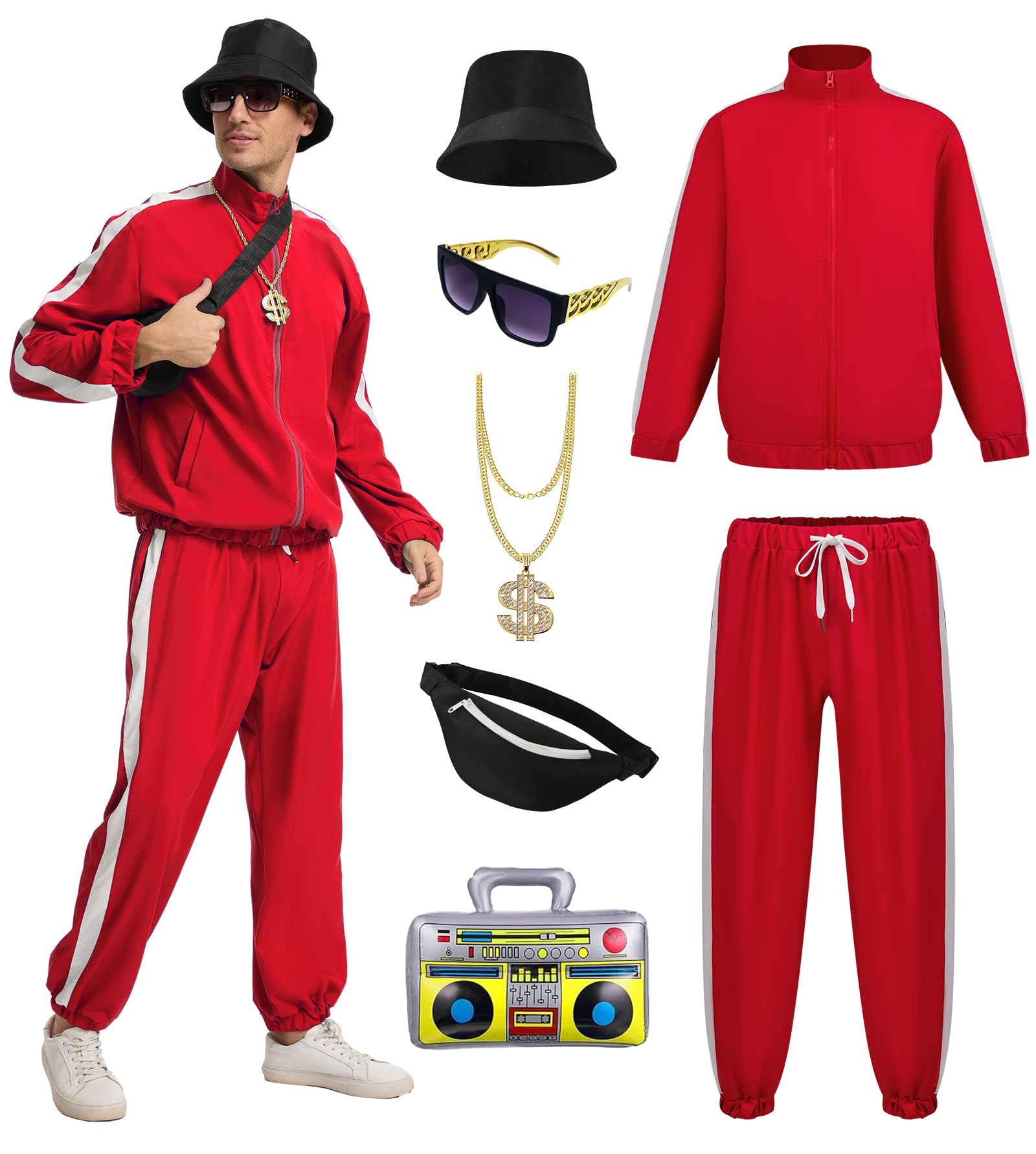 FSUJWOA 80s Outfit for Men 90s Track Suit with Hip Hop Costume Accessories Set for Halloween Themed Party (Red, 3XL)