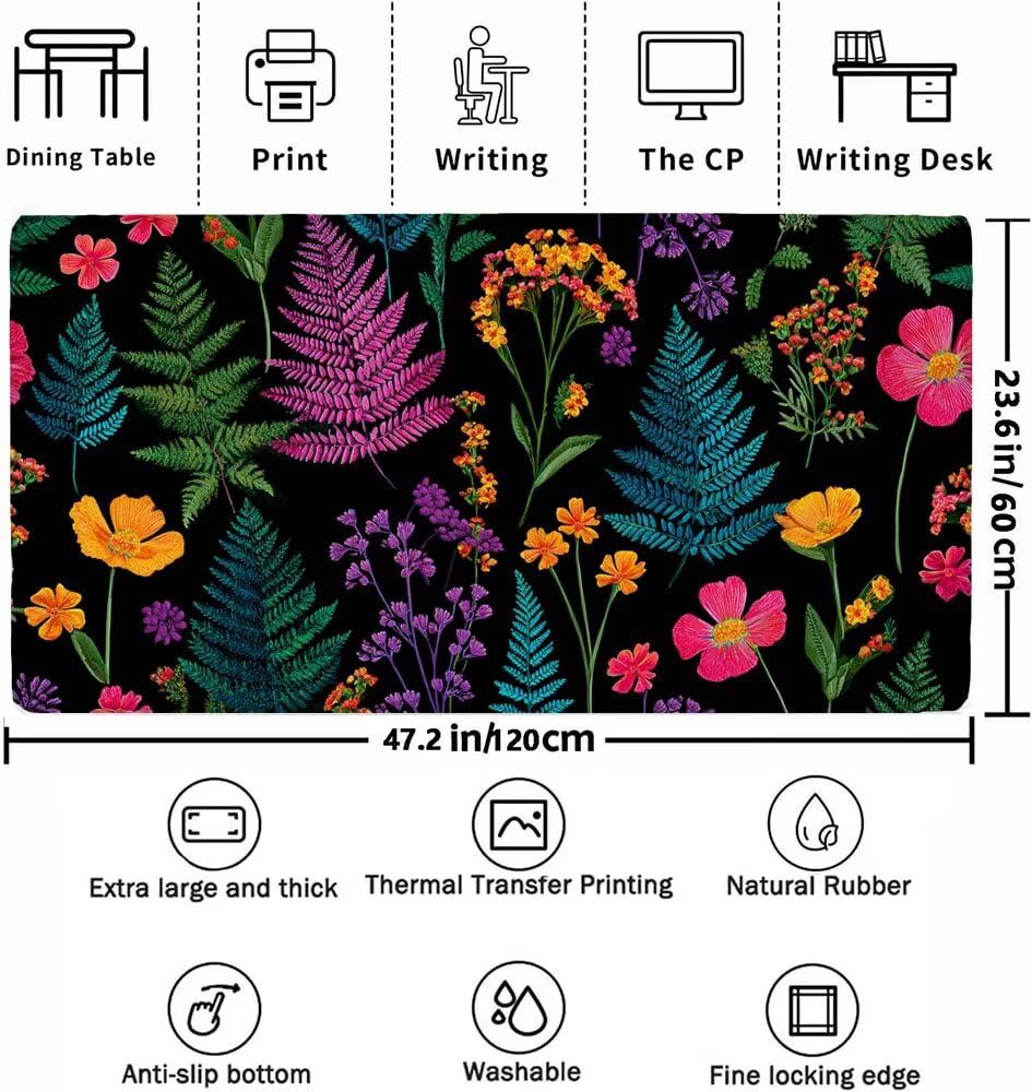 Kwiatowa podkładka pod mysz XXL, 1200 x 600 x 3 mm, do gier, duża trawa, akcesoria biurowe, mata na biurko, wodoodporna antypoślizgowa gumowa podstawa, gładka powierzchnia z tkaniny, nadaje się do