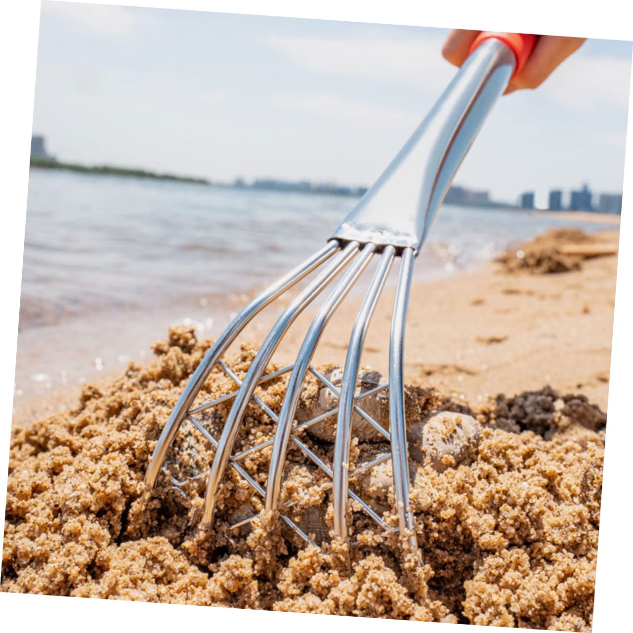 VICASKY Rastrello in Acciaio Inossidabile per Vongole con Manico, Attrezzo Affidabile per Scavare Spiaggia, Utensile Ergonomico per Molluschi e Conchiglie
