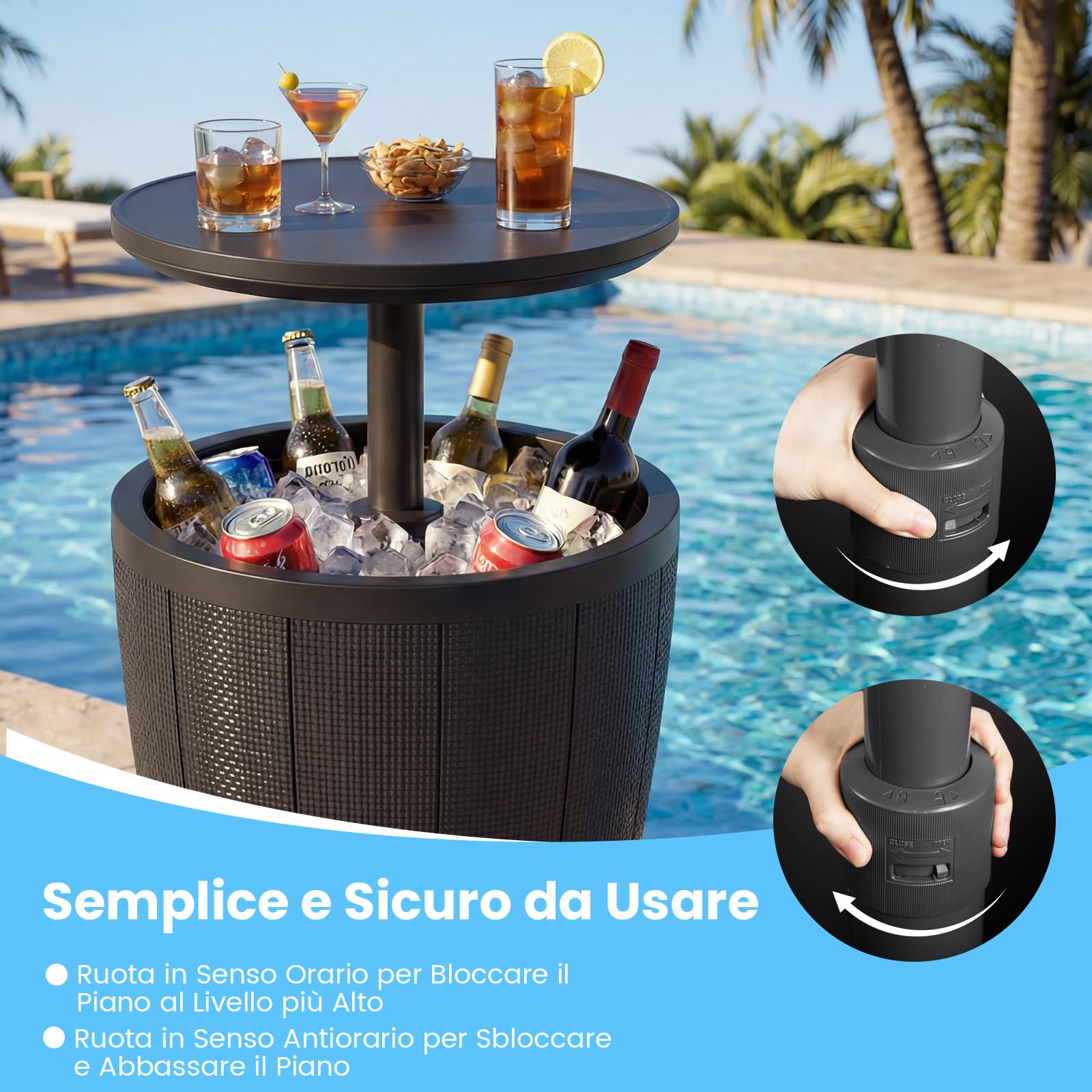 COSTWAY 2 in 1 Tavolino Frigo 38L da Esterno, Secchiello Ghiaccio Regolabile in Altezza 49 x 59-84H cm, Tavolo Bar con Tappo di Drenaggio, per Piscina, Cortile e Campeggio (Nero)