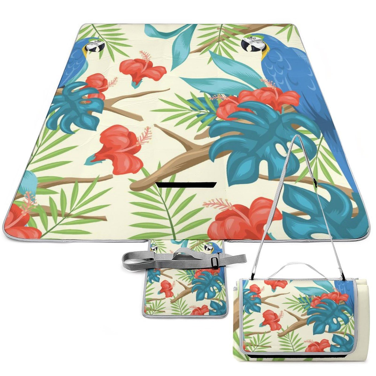 Tropical-Leaves Birds Print Picnic Blanket Waterproof Foldable, Large Outdoor Picnic Blanket Beach Blankets Camping Blanket Travel Mat, Shoulder Strap Tote, Rectangle 58x58in