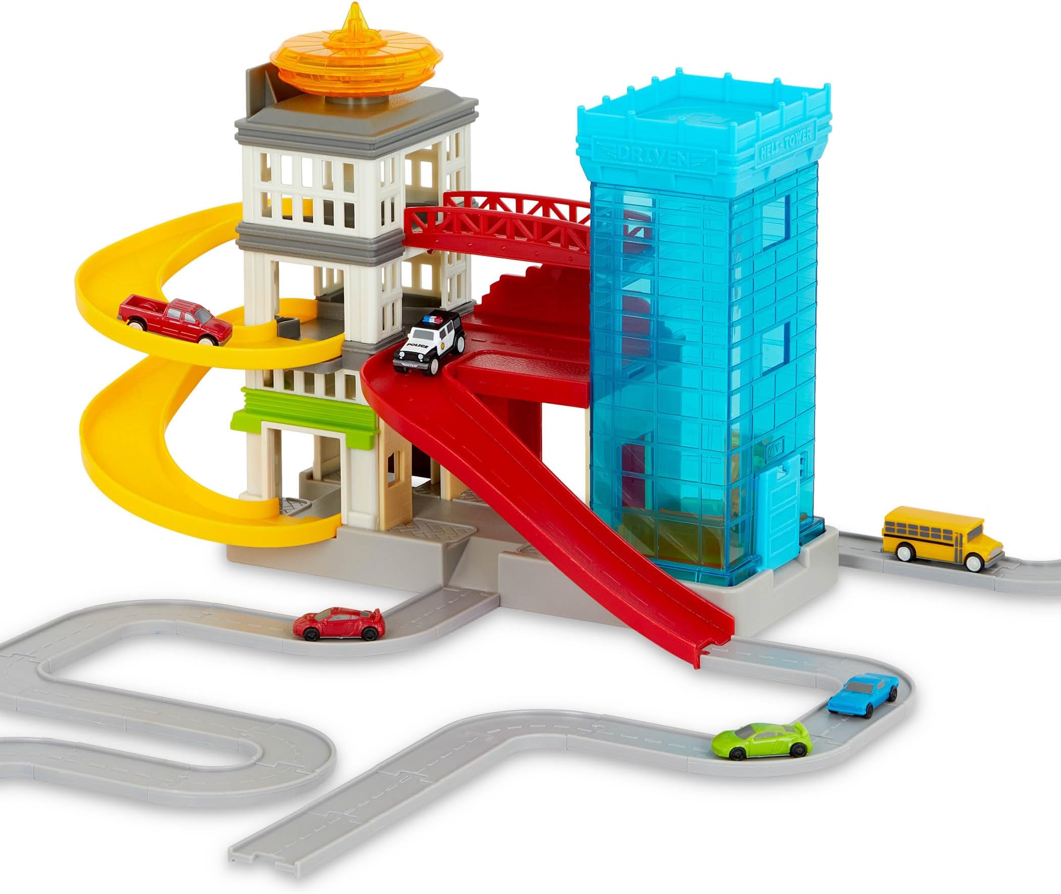 Driven by Battat – 60-Piece Big City Cruisin' Fleet Playset – Includes Toy Cars, Buildings, Ramp & Tracks – Pocket Series City Set for Kids Ages 3+ – Encourages Imaginative Play