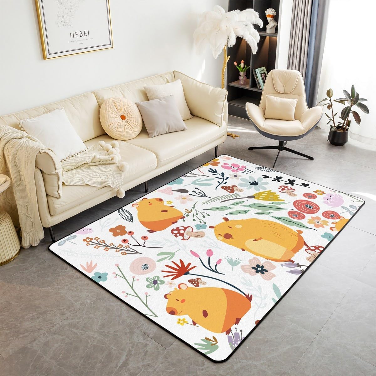 Erosebridal Cute Animal Area Rug,Kids QuokkaCarpet,Cartoon Quokka Indoor Floor Mat Rectangular,Mushroom Floral Plants Decorative Rug 5x7 for Laundry Doorway Porch