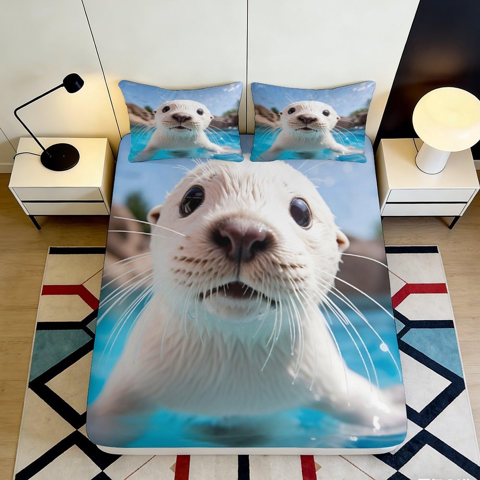 3D Printed Cute Otter Fitted Sheet Microfiber Soft Blue Water Animal Theme Mattress Cover for Bedroom Dorm Bed Décor 120x200x25cm