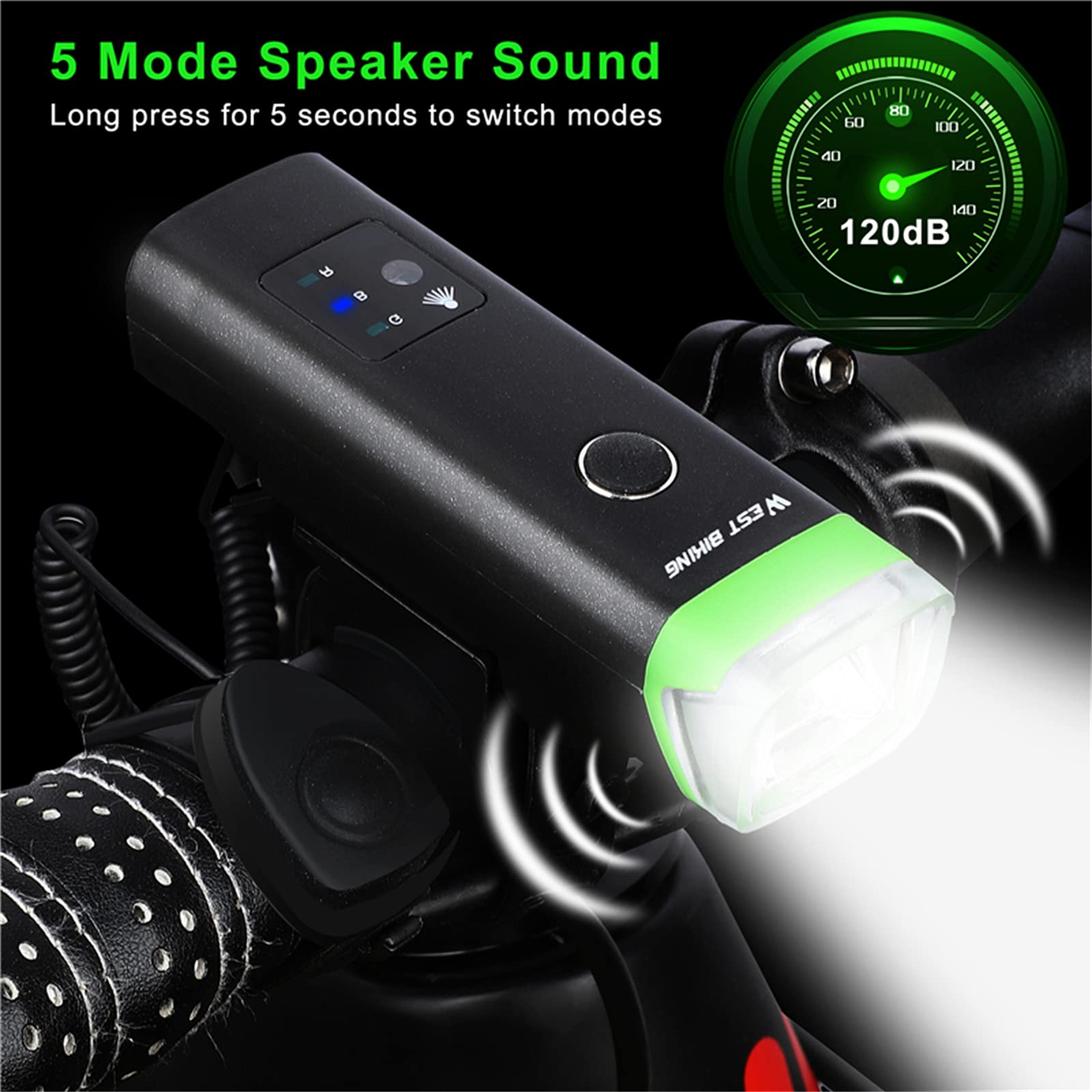 Lampe de Vélo avec Klaxon LED Lampe de Poche Avant Capteur Rechargeable USB Lampe de Vélo Automatique VTT Vélo de Route Phare de Vélo