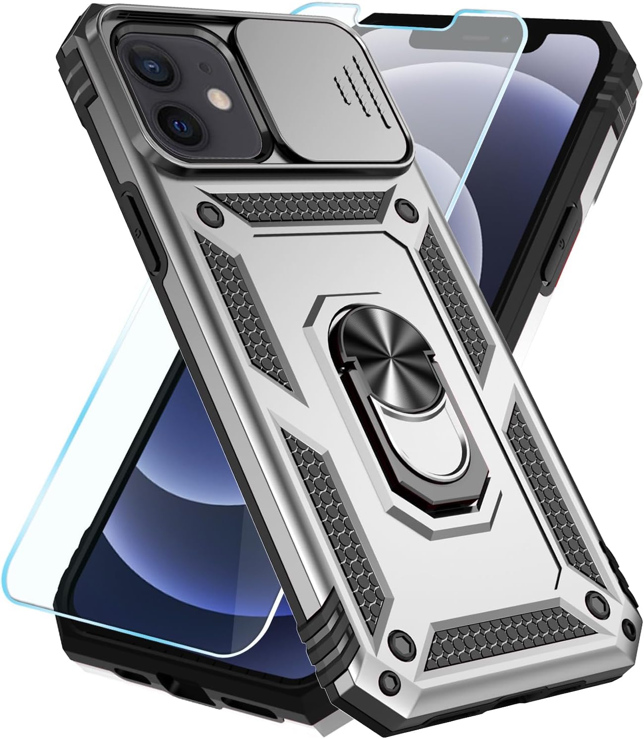 SunStory Compatible with iPhone 12/12 Pro Case with HD Screen Protector & Slide Camera Cover & Rotated Ring Kickstand,[Military-Grade] Phone Case (Silver, for iPhone 12/12 Pro 6.1")